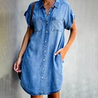 Женское джинсовое платье, с отложным воротником, коротким рукавом и карманами, свободное повседневное, мягкое, размера плюс