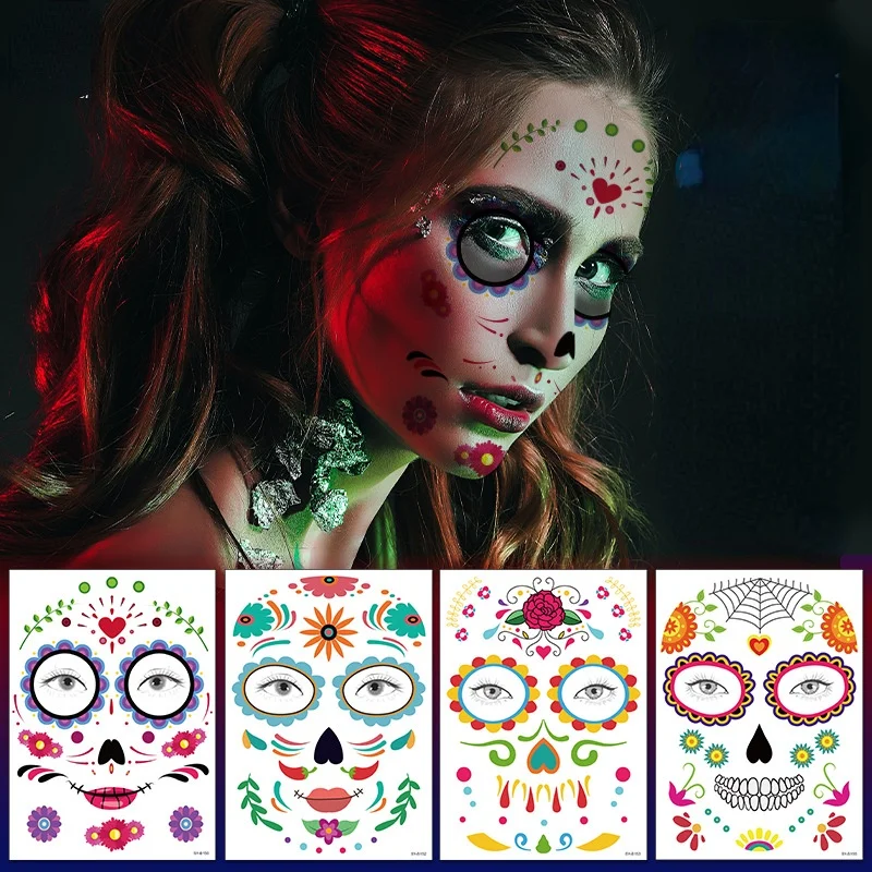 

5pcs Halloween Temporary Face Tattoos Skeleton Spider Web Scar Roses Full Face Mask Tattoo Stickers for Halloween Party Favor