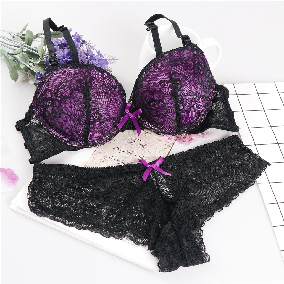 

Sexy Deep lingerie bra set Beautiful back lenceria bielizna damska komplety Cup AB lace top pink lace underwear set