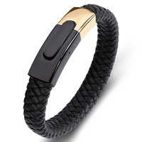 fashion braided leather men bracelet handmade punk jewelry black gold color stainless steel buckle party bangles male gifts p018