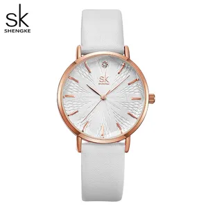 Часы наручные Shengke женские кварцевые, модные повседневные аналоговые круглые, с кожаным ремешком, элегантные