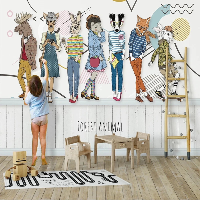 

Custom Self-Adhesive Wallpaper Nordic Forest Animal Children's Room Background Wall Murals Waterproof Kid's Sticker Home Décor
