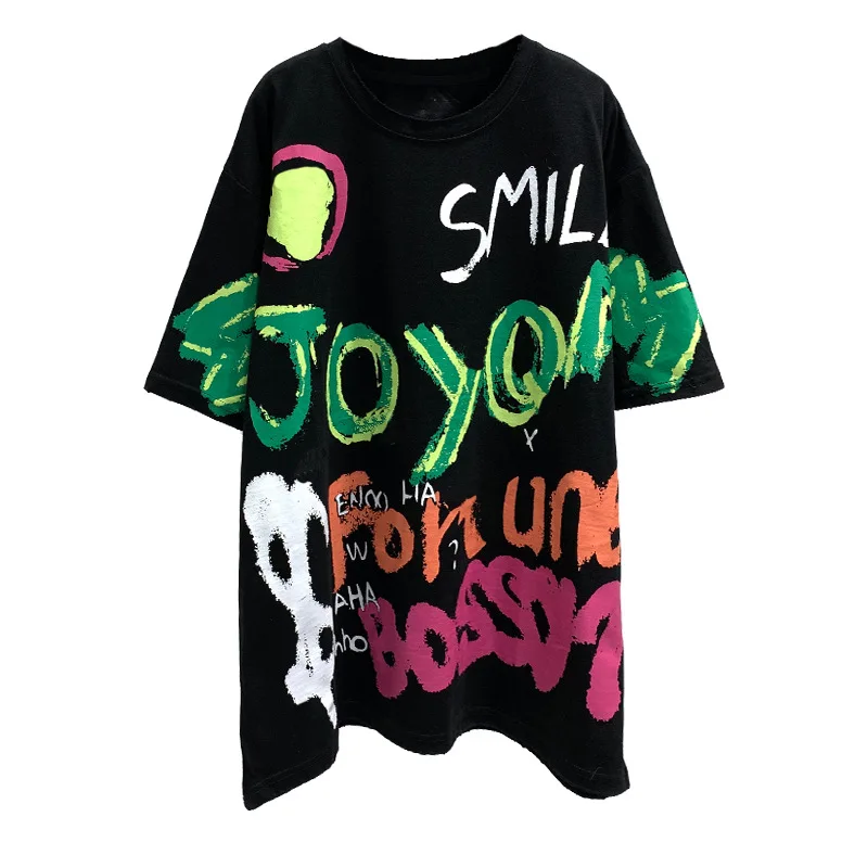 

Summer New Korean Style Short Sleeve T-shirt Women's Loose round Neck Mid-Length Graffiti Half Sleeve Simple Summer Top Fashion