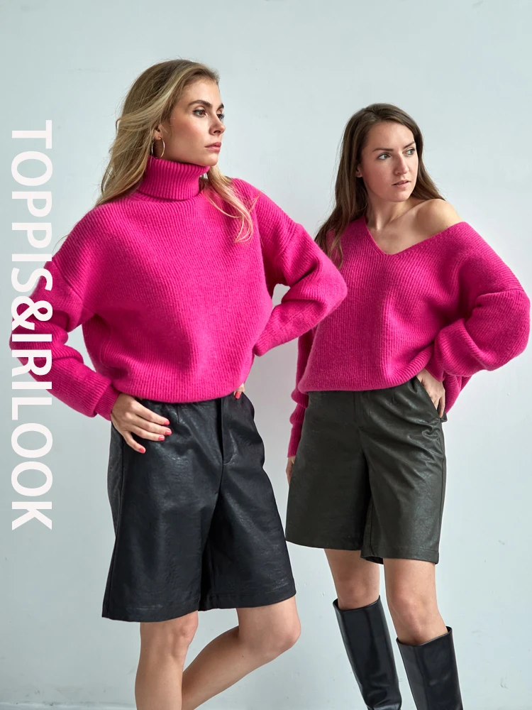 

Toppies 2021 Sexy Deep v-neck Sweater Off Shoulder Sweater Green White Knitted Tops Korean Winter Clothes