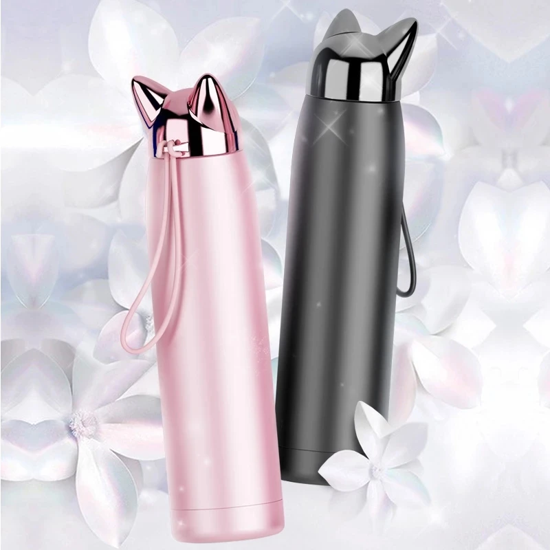 

Cute Fashion outdoor portable stainless steel water cup Vacuum Flasks Cute Cat Fox Ear Thermal Coffee Tea Milk Travel Mug
