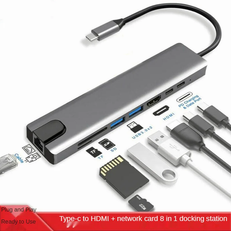 

Type-c to HDMI+ network card expansion dock 8-in-1 hub laptop hub multi-function docking station plug and play