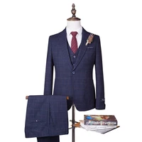 Navy Blue Plaid Suit Mens Wedding Suits 2020 Custom Made Groom Prom Tuxedos 3 Piece Set Slim Fit Ropa Hombre( Jacket+Pants+Vest)