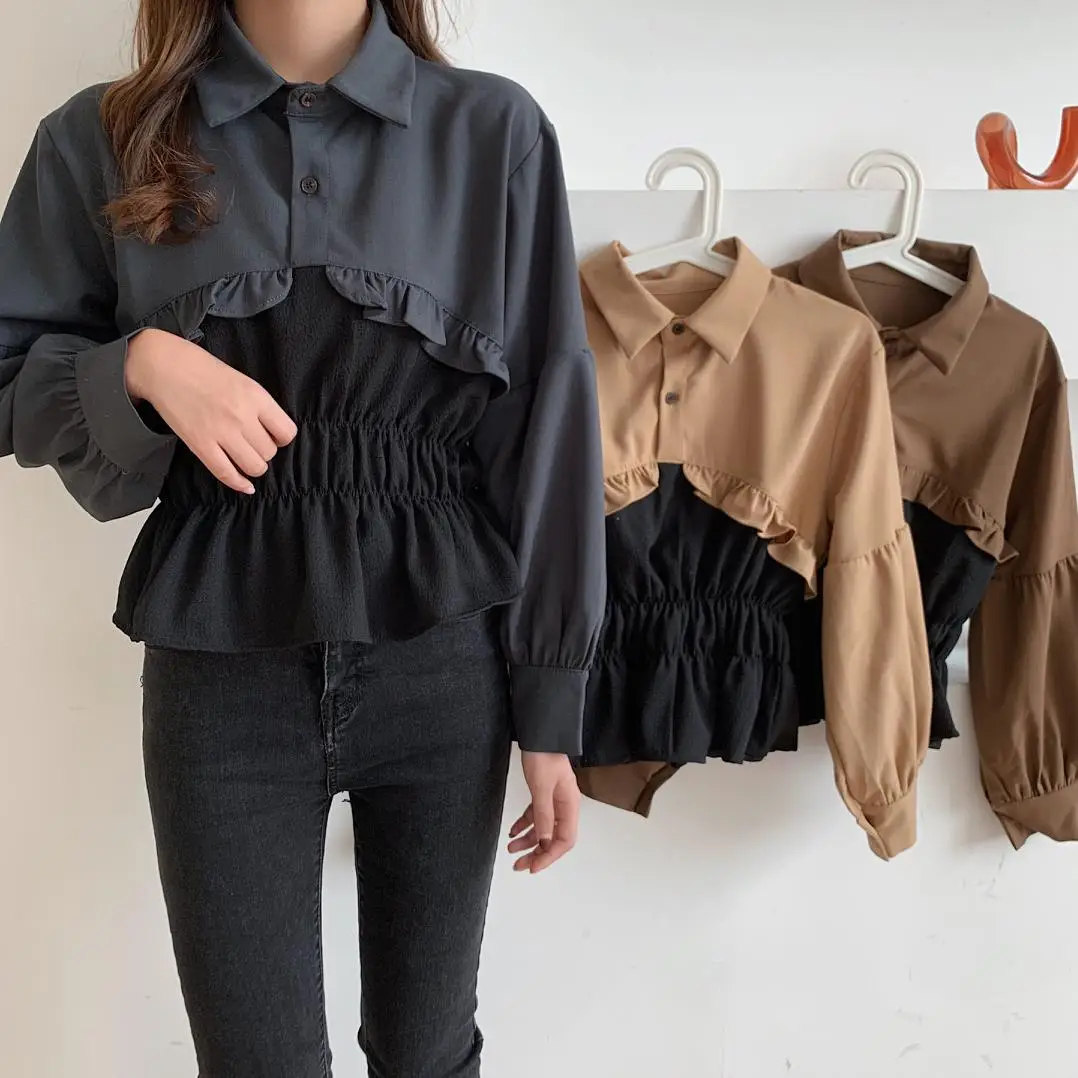

Turn Down Collar Ruffles Patchwork Spring Blouse Women Elastic Waist Pleated Contrast Color Short Shirts Vintage Tops 2021 Z022