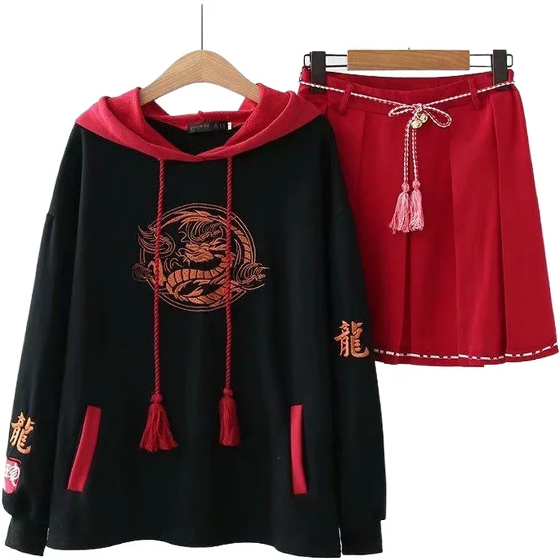

Black Embroidery Hooded Sweatshirt Casual Women Two Piece Sets 2020 Winter Hight Waist Mini Skirts Sweet Ladies Suits Clothes