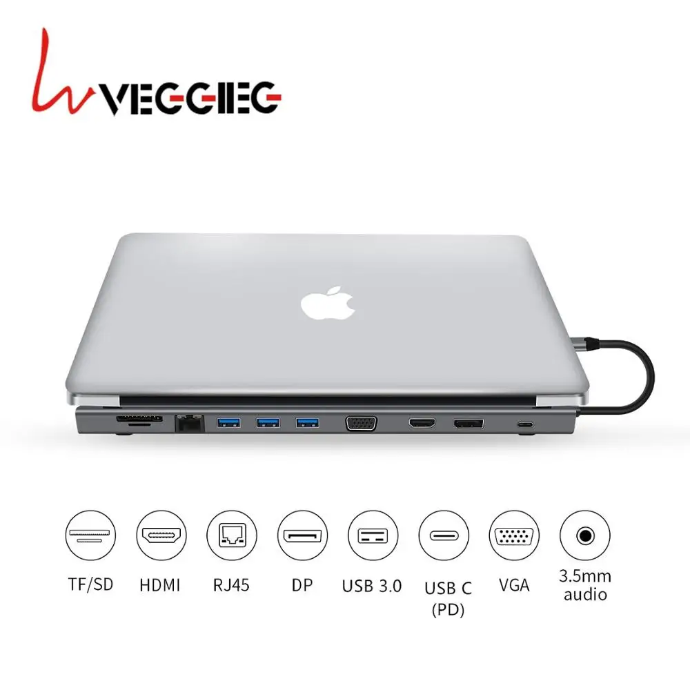 Veggieg USB C концентратор 11 в 1 адаптер с 4K видео гигабитная сеть 3 0 порты кардридер и PD