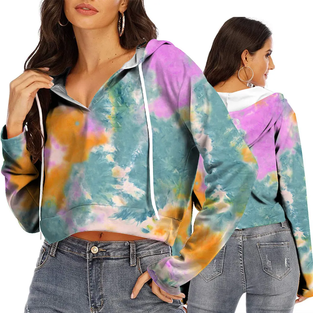 

Autumn Women Short Hoodies Tie Dye Printed Sweatshirt Tracksuit Long Sleeve Female Crop Top 2021 Fashion Clothing Harajuku
