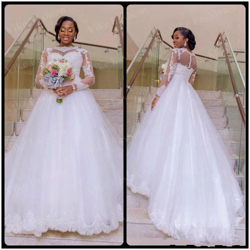

Tulle A Line Wedding Dresses Long Sleeves Scoop Lace Appliques Bridal Gown Court Train Button Illusion Lace Up Vestido De Noiva
