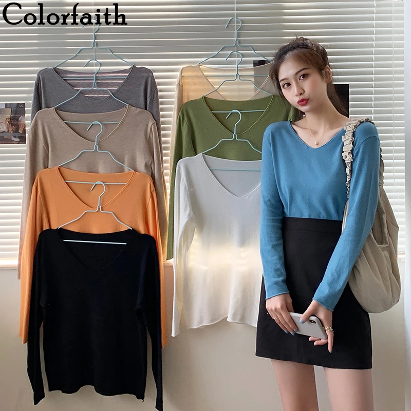 

Colorfaith Новинка 2021, Женская весенне-осенняя футболка, однотонная Базовая Модная трикотажная футболка в Корейском стиле, большие размеры, топы...