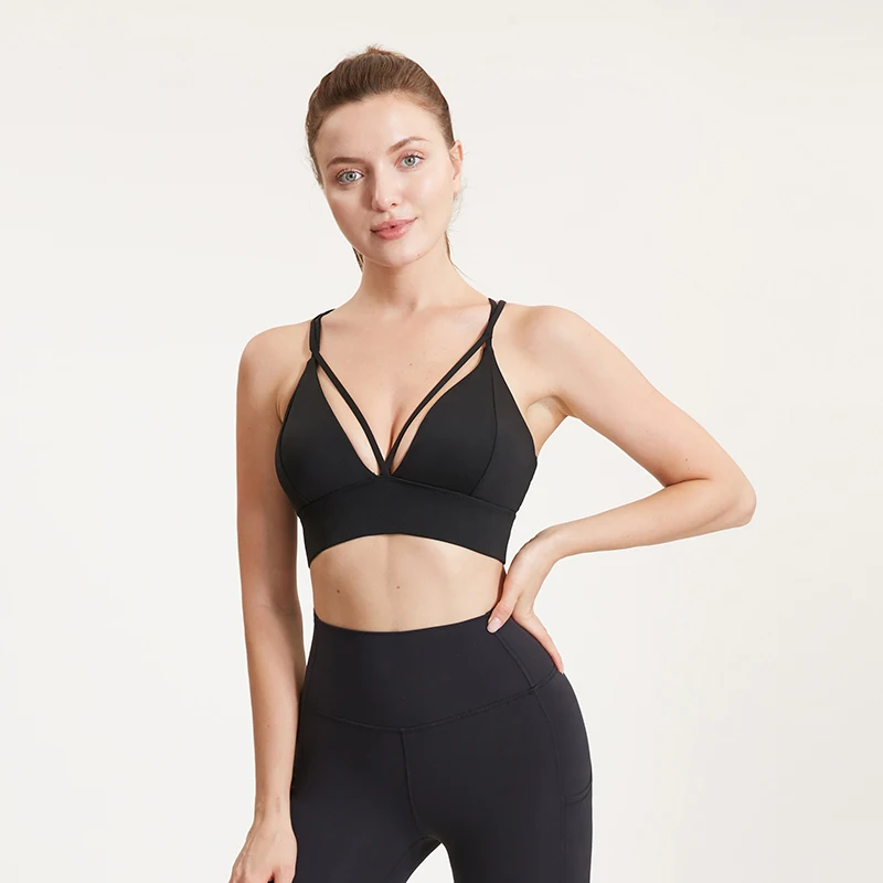 

Women Sexy V-Neck Sports Bra Cross Yoga Tops Push Up Fitness Workout Crop Tops Female Underwear