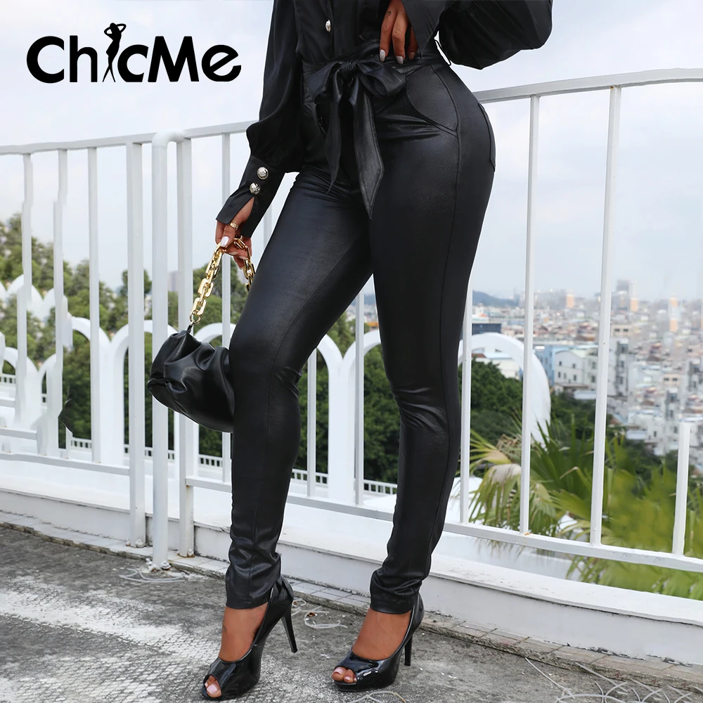 

Chicme PU Leather Pants High Waist Skinny Pants Casual Paperbag Waist Faux Leather Pants With Belt For Women Autumn Spring