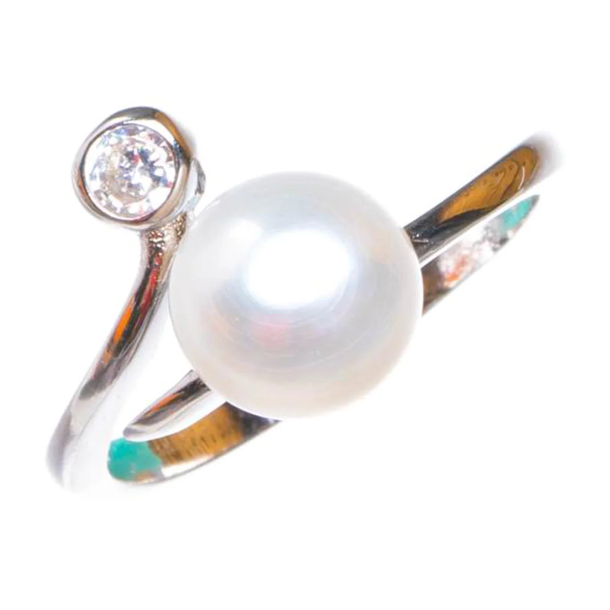 

Natural River Pearl Zircon Opening Handmade 925 Sterling Silver Ring 6.5 D1254