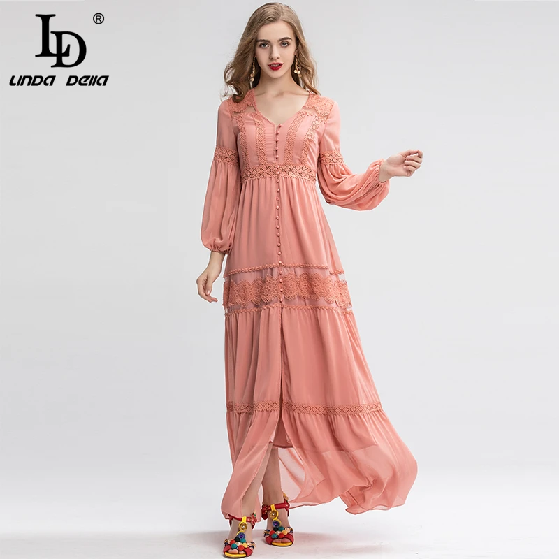 LD LINDA DELLA Платье макси с длинным рукавом женское платье v образным вырезом