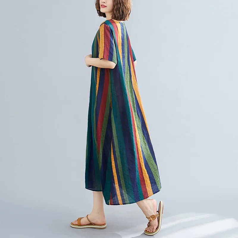 Женское винтажное платье в полоску с коротким рукавом повседневное Свободное