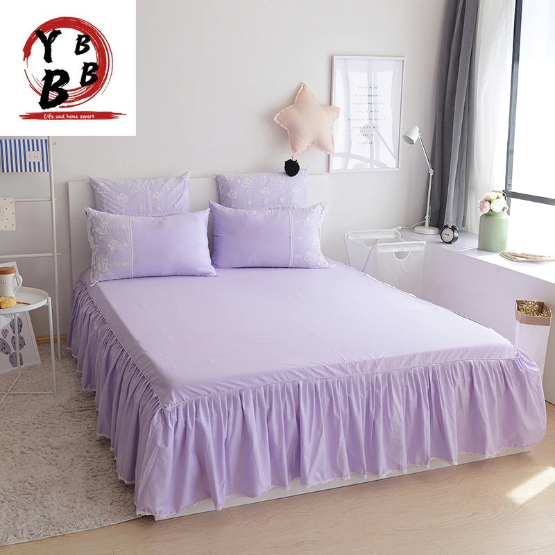 

Light Purple cotton silk Bedding sets Queen King Tribute Silk Duvet cover Bed skirt Pillowcases 4pcs Princess lace bedclothes