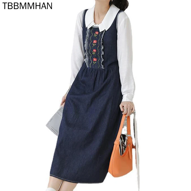 

2021 модная Осенняя фотоюбка, кружевное платье sFemme, свободное винтажное Элегантное Длинное повседневное джинсовое синее женское платье