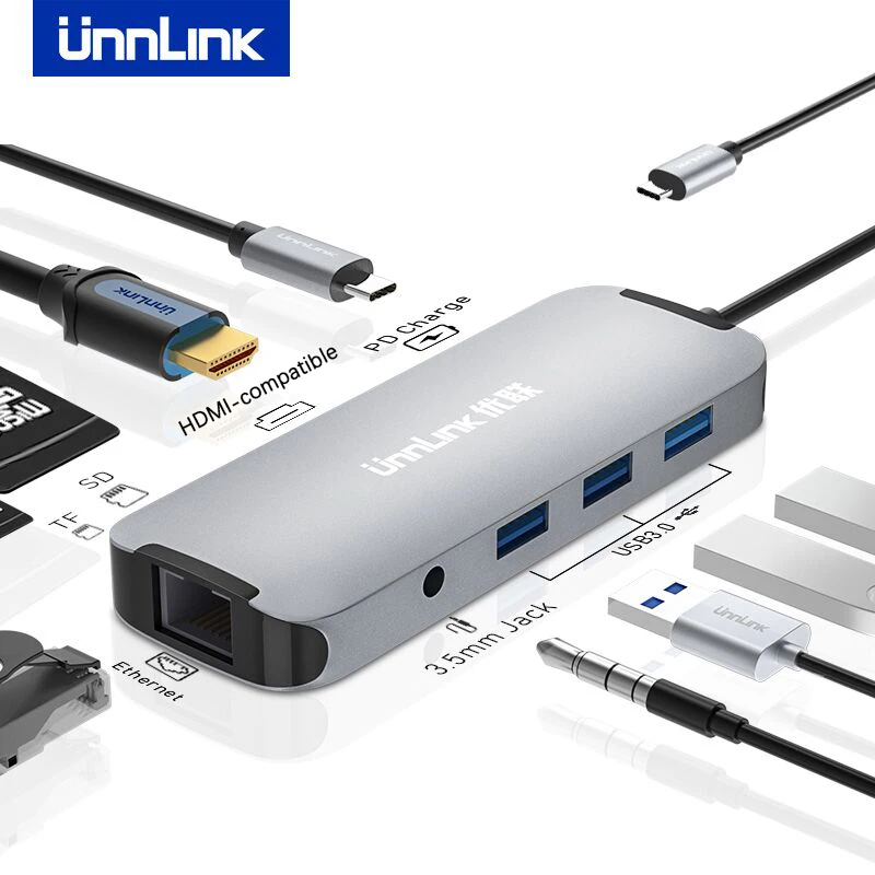 Unnlink usb концентратора типа C USB 3 0 совместимому с HDMI SD TF 5 m Jack 1000 Мбит/с RJ45 PD зарядки VGA
