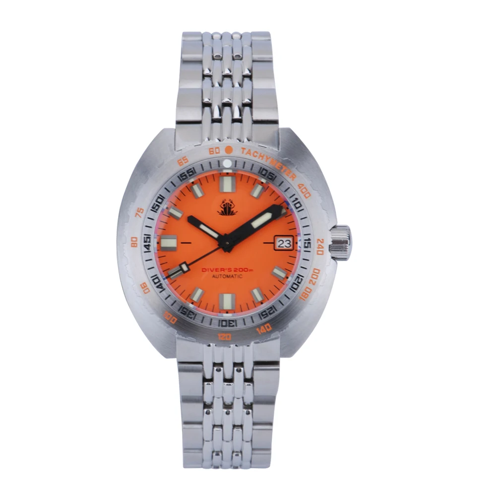 

TACTICAL FROG Men's Diver Watch Orange Dial Sapphire Rotating Bezel NH35 Automatic Movement 20ATM Waterproof Green Luminous