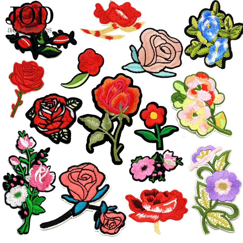 Вышитая красная Цветочная нашивка аппликация роза железные нашивки для одежды