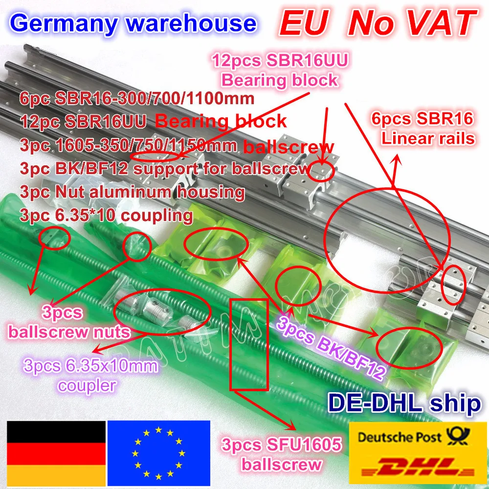 3sets  Linear Rails SBR16-300/700/1100mm & 3set Ballscrew SFU/RM1605-350/750/1150mm & Nut & 3set BK/B12 & Coupler for CNC Router