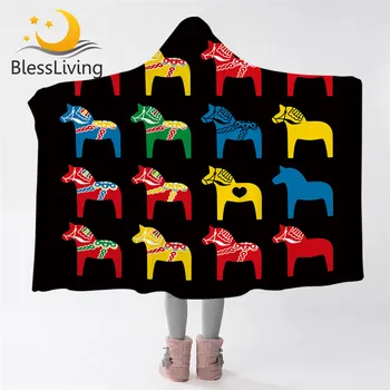BlessLiving Colorful Horse Hooded Blanket Ethnic Animal Throw Blanket Lovely Sherpa Fleece Beautiful Wearable Blanket 150x200 1