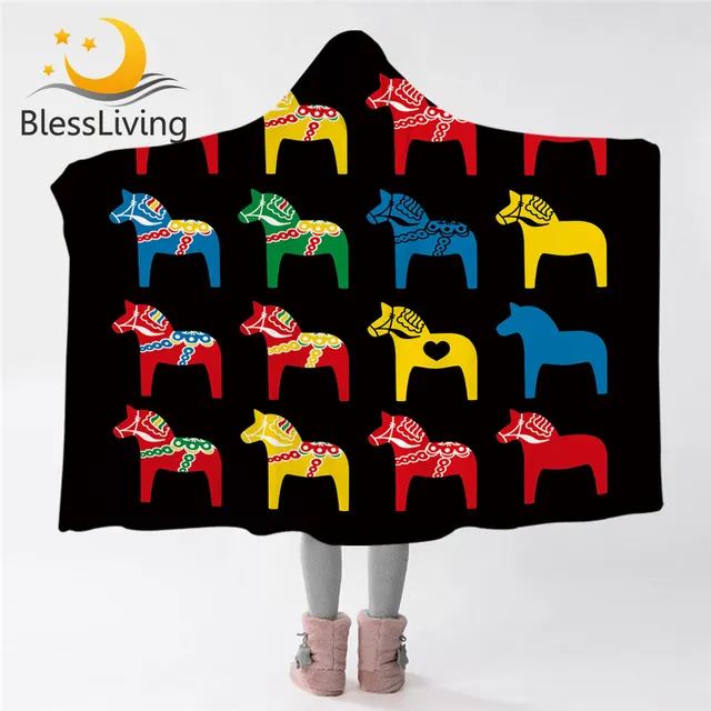 BlessLiving Colorful Horse Hooded Blanket Ethnic Animal Throw Blanket Lovely Sherpa Fleece Beautiful Wearable Blanket 150x200 1