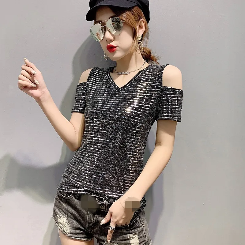 

Summer European Hot Sexy Off The Shoulder Sequins Womens T-Shirts Short Sleeve V-Neck Slim Plus Size Female Clothes Club Wear