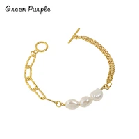 green purple ot buckle layer cuban chain bracelet s925 sterling silver baroque pearl for young girl fine bangles gift jewelry