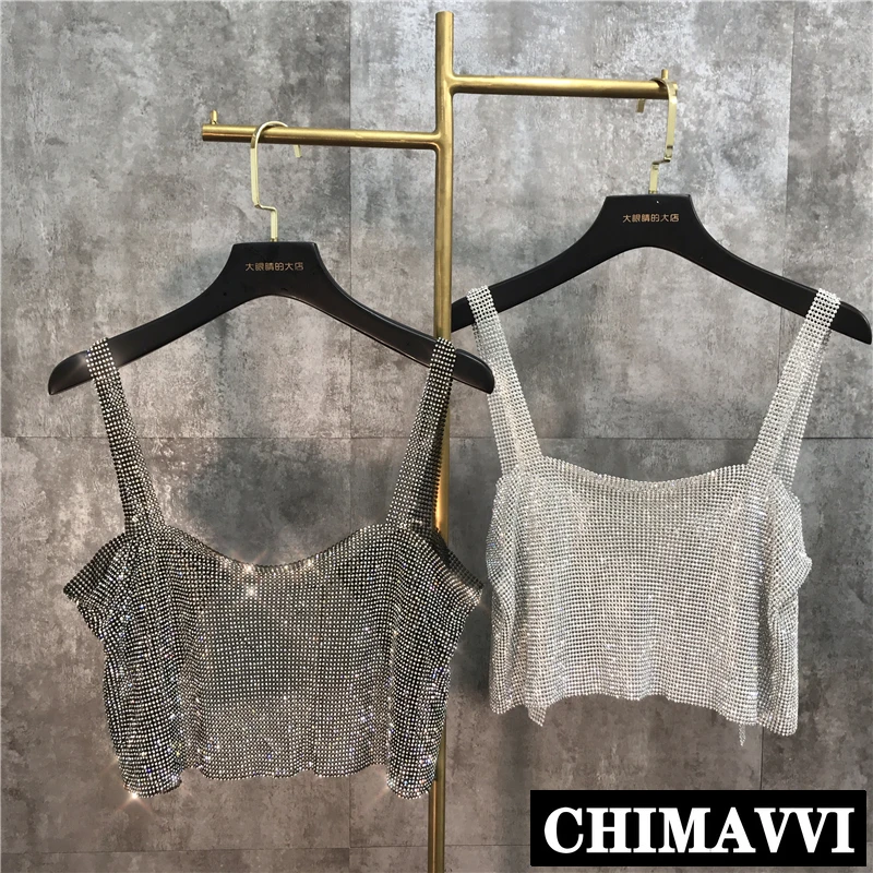 

2020 Spring and Summer Shiny Water Drill Diamond Vest Top Women Sexy Short Sling Cropped Tops Lady Retro Camisole Tube Tops