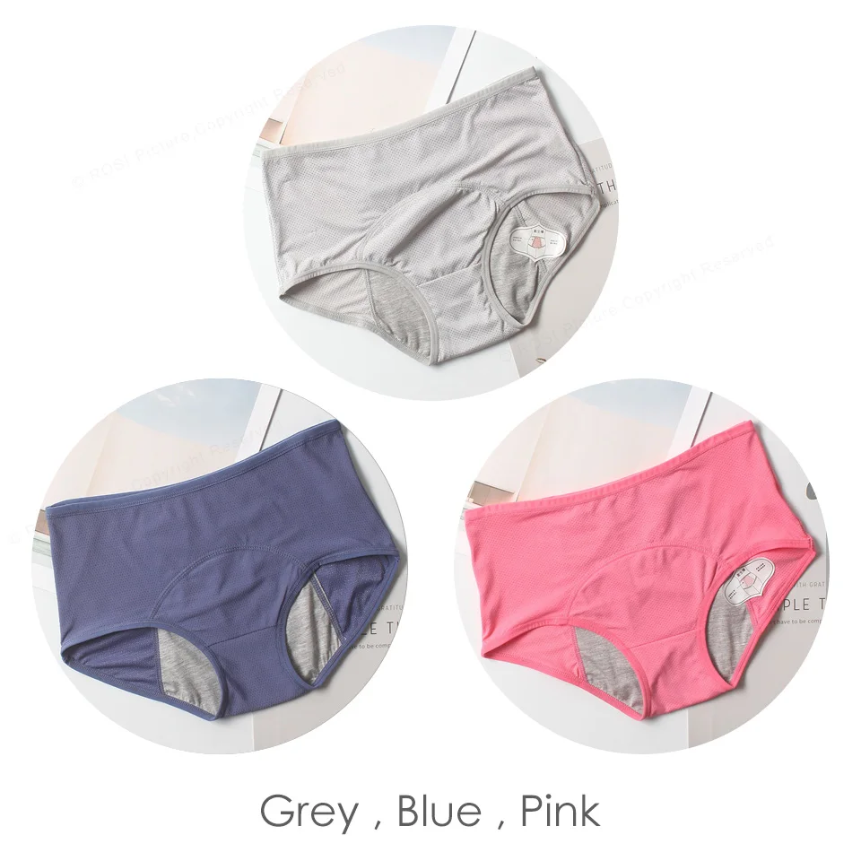 Grey Blue Pink Менструальные трусы, трусики для женщин, хлопковое дышащее Сетчатое водопоглощающее герметичное нижнее белье, женское нижнее белье с высокой талией, XXXL - Цвет: Grey Blue Pink