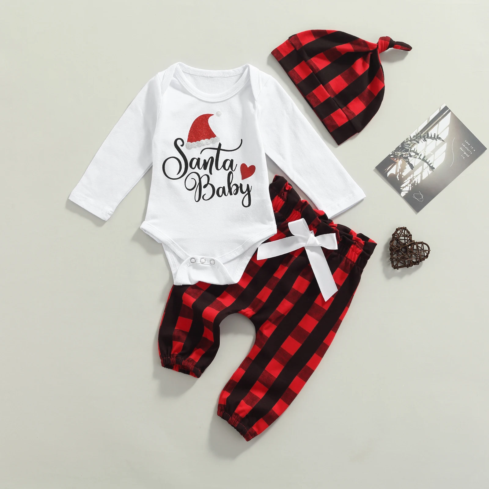 

3Pcs Christmas Baby Girls Boys Outfit, Letter Printing Long Sleeve Round Collar Romper + Bow Plaid Long Pants + Cap Set