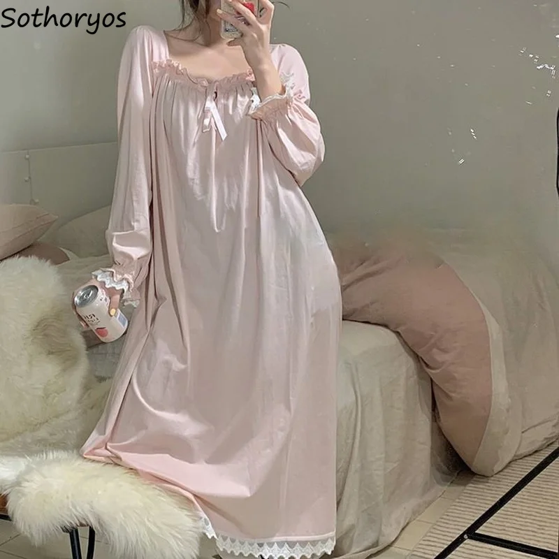 

Women Nightgowns Long Sleeve Lace Sweet Square Collar Retro Midi Nightdress Loose Cozy Bow Gentle Teens Sleepwear Kawaii S-4XL