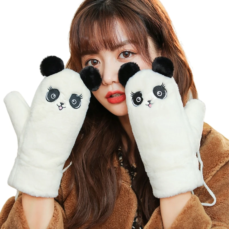 

Women Fuzzy Plush Full Finger Gloves Cartoon Panda Rabbit Embroidery Warm Mitten XX9D