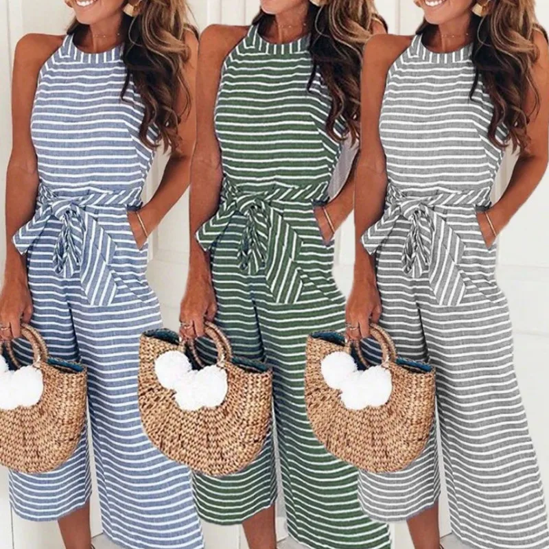 

Women Elegant Sexy Jumpsuits Sleeveless Striped Jumpsuit Loose Trousers Wide Leg Pants Rompers Holiday Belted Leotard Overalls