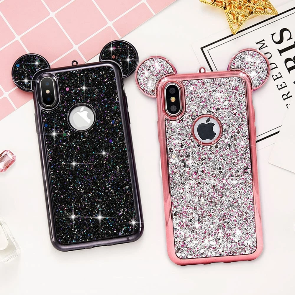 LAPOPNUT Bling Glitter Cover Diamond 3D Mouse Ears Slim Plating Phone Case for IPhone 11 Pro Xs Max X Xr 8 7 Plus 6 6s 5 5S SE | Мобильные