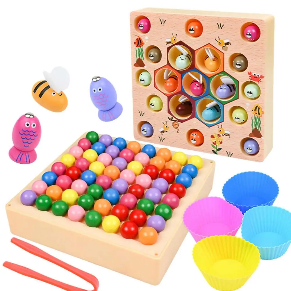 

Wooden Fishing Game Toy Kids Magnetic Fishing Toy 3-In-1 Magnetic Catching Bee Table Game Montessori Learning Skills Educatio