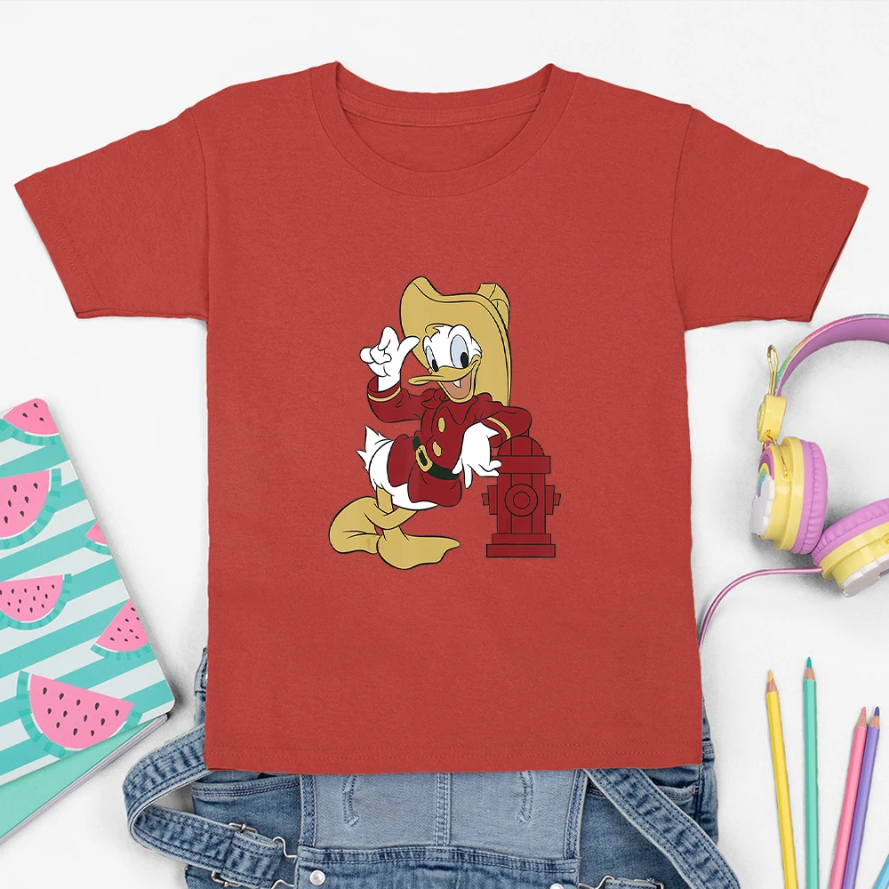Camiseta Kawaii de Disney para ni&ntilde;os de las cuatro estaciones, Camiseta con estampado de dibujos animados de Pato Donald, c&oacute;moda, de manga corta con cuello redondo, novedad de verano-1
