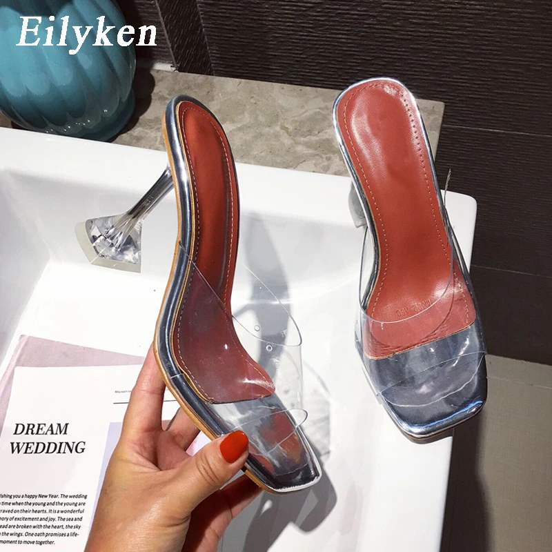 Eilyken; Новинка года; дизайнерские прозрачные тапочки из ПВХ; Высокий каблук из плексигласа; Летняя женская обувь для вечеринок с прозрачными ремешками