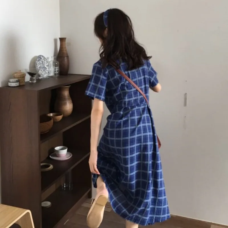 

Women's Summer French Style Dress Vintage Suit Collar Elegant Lace-up Single-Breasted Plaid Short Sleeve Waist-Controlled