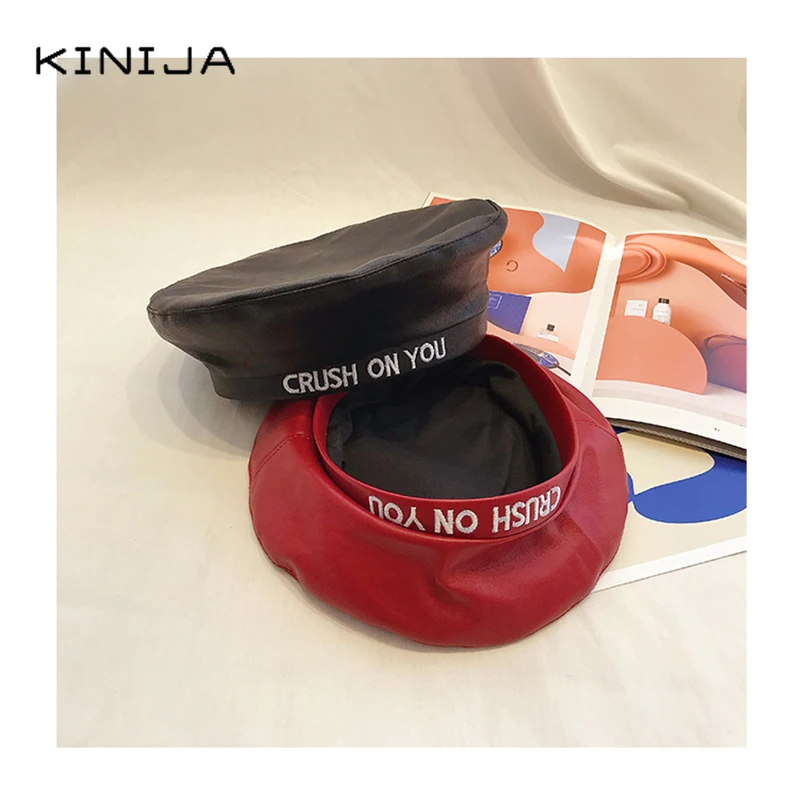 Харадзюку вышитый буквенный берет из искусственной кожи Женская Ретро шляпа на