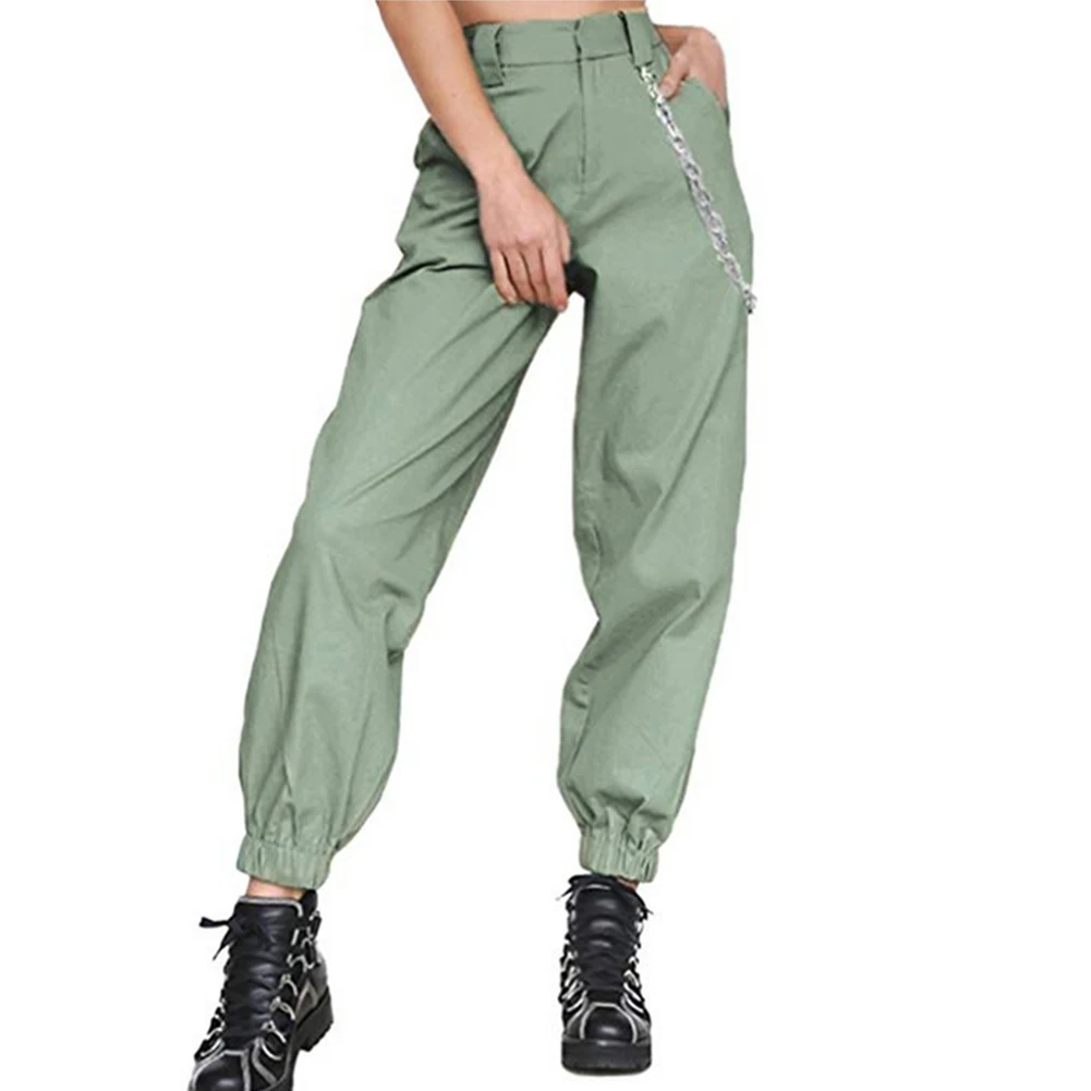 

Women Solid Color Chain Pants, High Waist Side Pocket Zipper Trousers Casual Style Sport Clothes