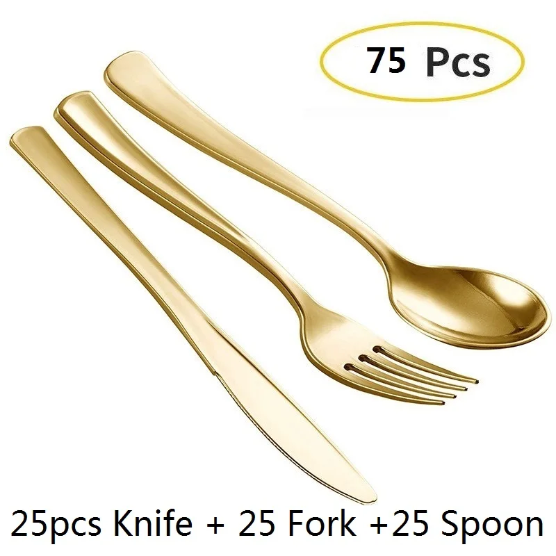 Gold Cutlery 25 шт., розовое золото, пластиковые тарелки, кружевной дизайн, Свадебная вечеринка, пластиковая тарелка, одноразовая посуда, чашки, десерт, закуска, день рождения - Цвет: Gold Cutlery