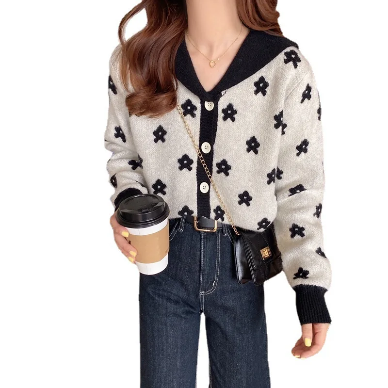 

Kimutomo Vintage Jacquard Cardigans Women Autumn Preppy Style Sweater Female Turn-down Collar Long Sleeve Top Outwear Trend