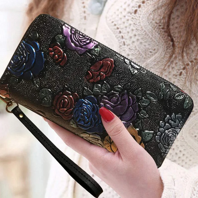 

Women Long Wallet Genuine Leather 3D Embossing Rose Dragonfly Butterfly Clutch Women Bag Large Capability Zipper Wristlet Purse