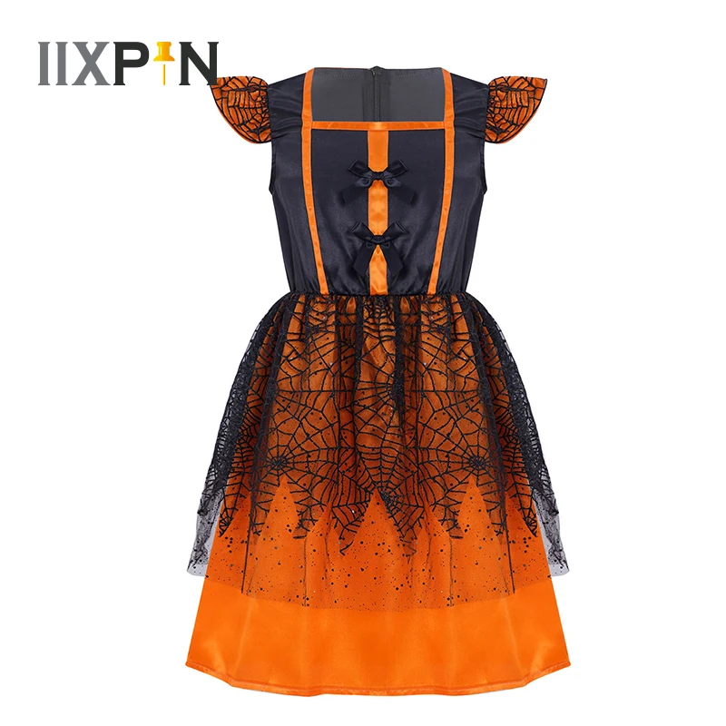 

Kids Girls Halloween Costume Ruffle Sleeves Bowknot Mesh Spider Style Dress For Easter Carnival Cosplay Fancy Party Dress Up