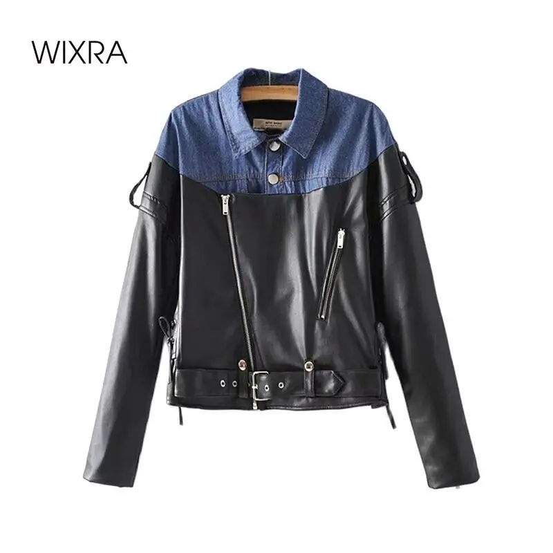 Wixra Womens Faux Leather Jackets Zipper PU Coat Denim Patchwork Turn-Down Collar Streetwear Spring Autumn
